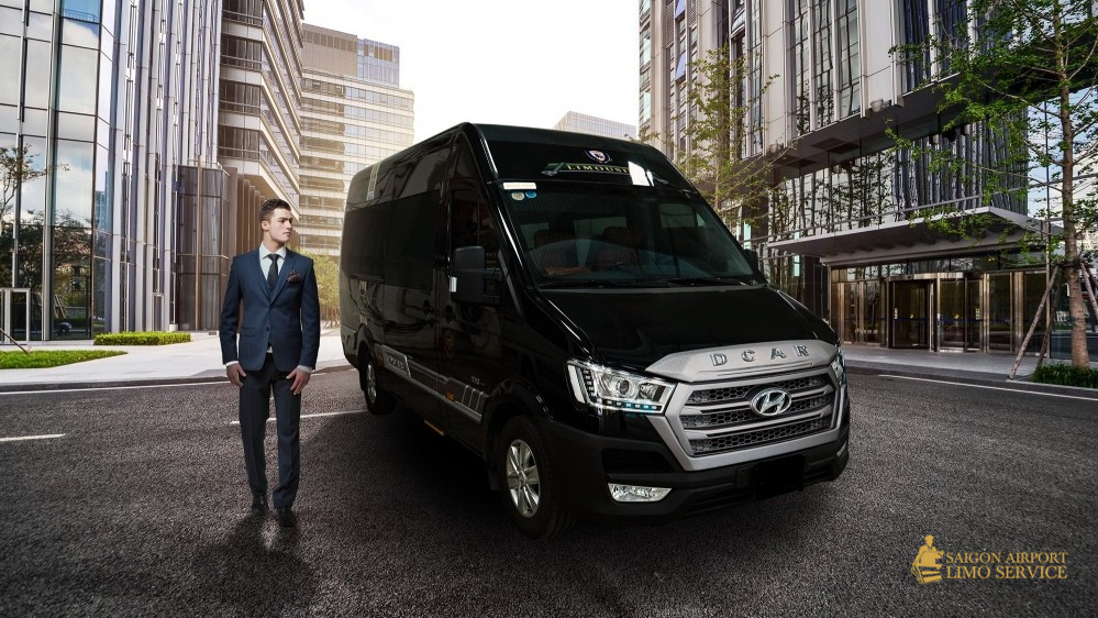 Saigon Airport Limo: DCar Luxury Limousine Van Luxury DCar Limousine van parked in Vietnam, showcasing Saigon Airport Limo's spacious and comfortable transport for airport and group transfers.