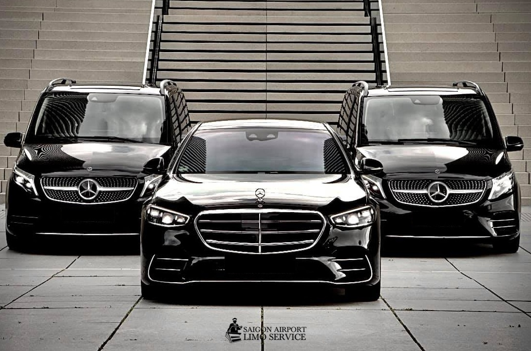 Saigon Airport Limo: Extensive Luxury Car Fleet in Vietnam Lineup of black luxury sedans representing Saigon Airport Limo's extensive premium car fleet available for transfers across Vietnam.