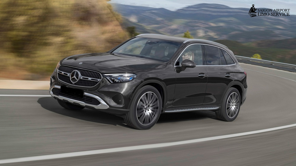 Saigon Airport Limo: Mercedes GLC Luxury SUV Black Mercedes-Benz GLC SUV in motion, representing Saigon Airport Limo's versatile luxury SUV fleet for executive and family transport in Vietnam.