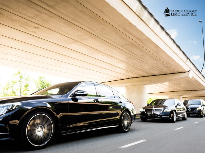 Tan Son Nhat Airport: Luxury Executive Limo Transfers Convoy of black Mercedes-Benz luxury sedans for executive airport transfers with Saigon Airport Limo at Tan Son Nhat Airport, Ho Chi Minh City.
