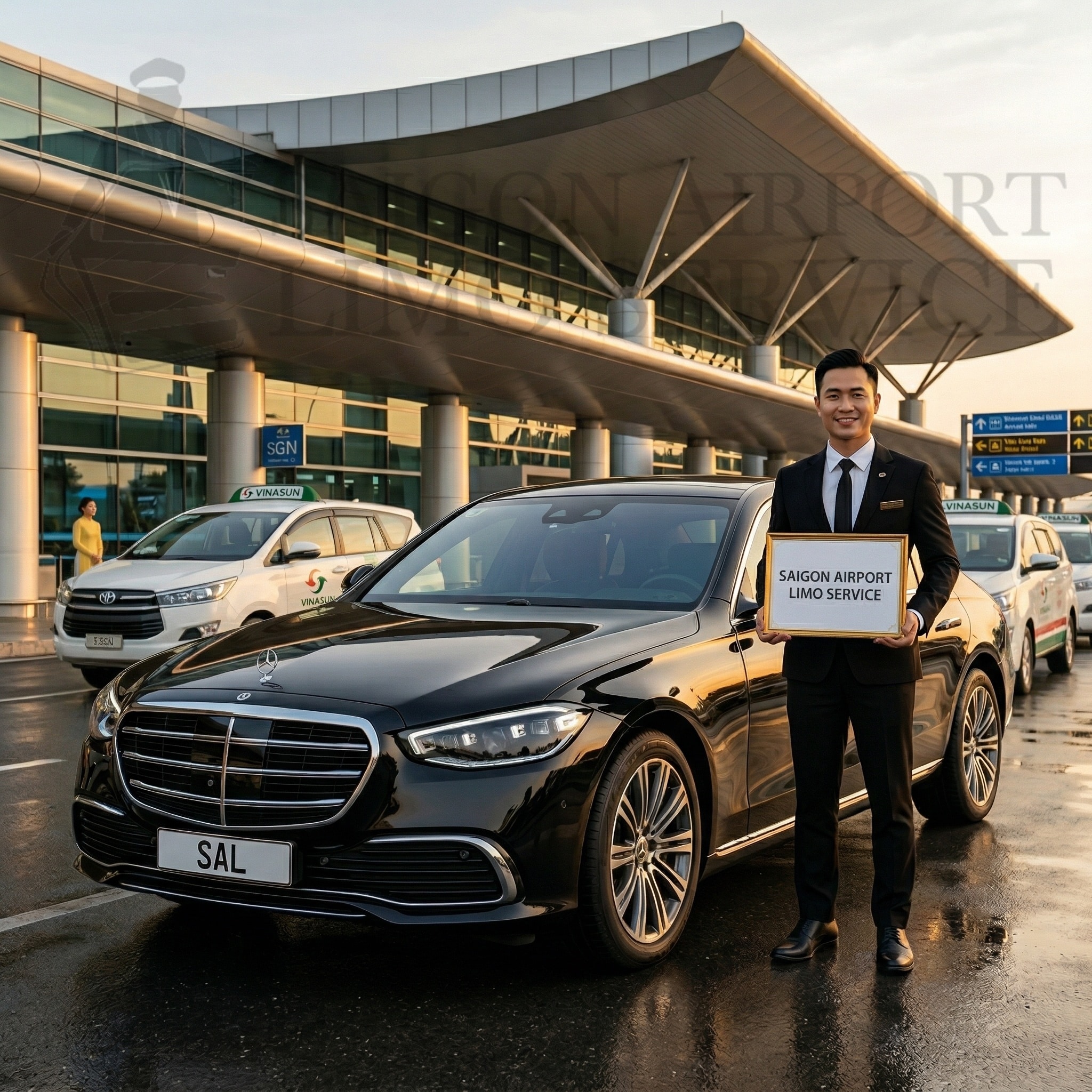 English-speaking chauffeur holding a Saigon Limo welcome sign next to a black Mercedes-Benz S-Class at SGN airport.