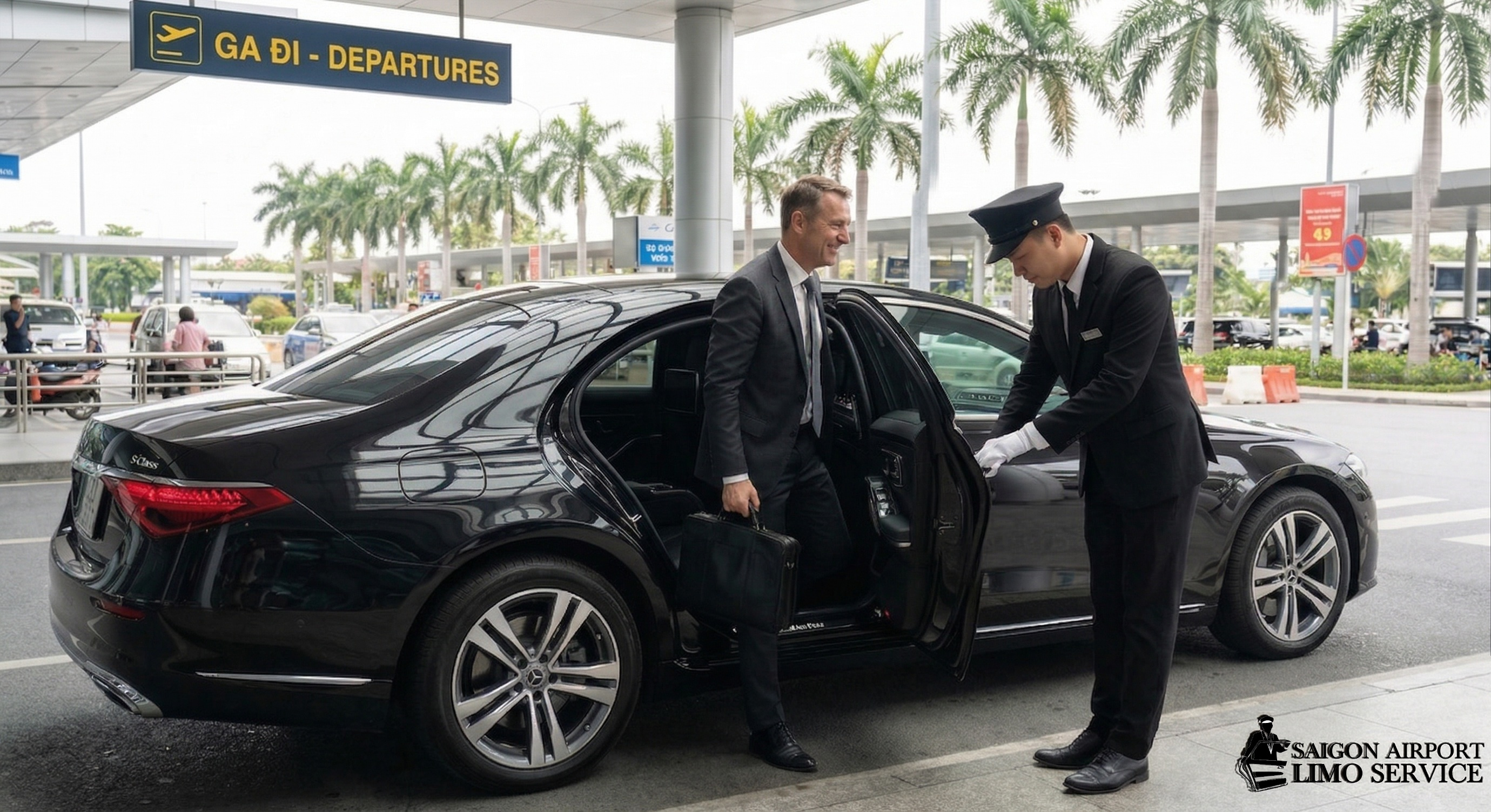 Man exiting luxury car at airport - Book SGN Airport Transfer