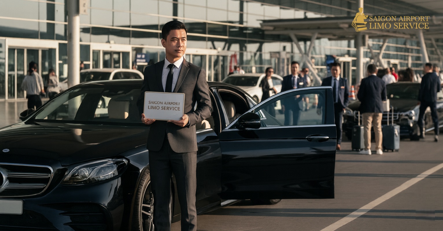 Chauffeur holding Saigon Airport Limo sign beside black Mercedes at SGN terminal for private pickup