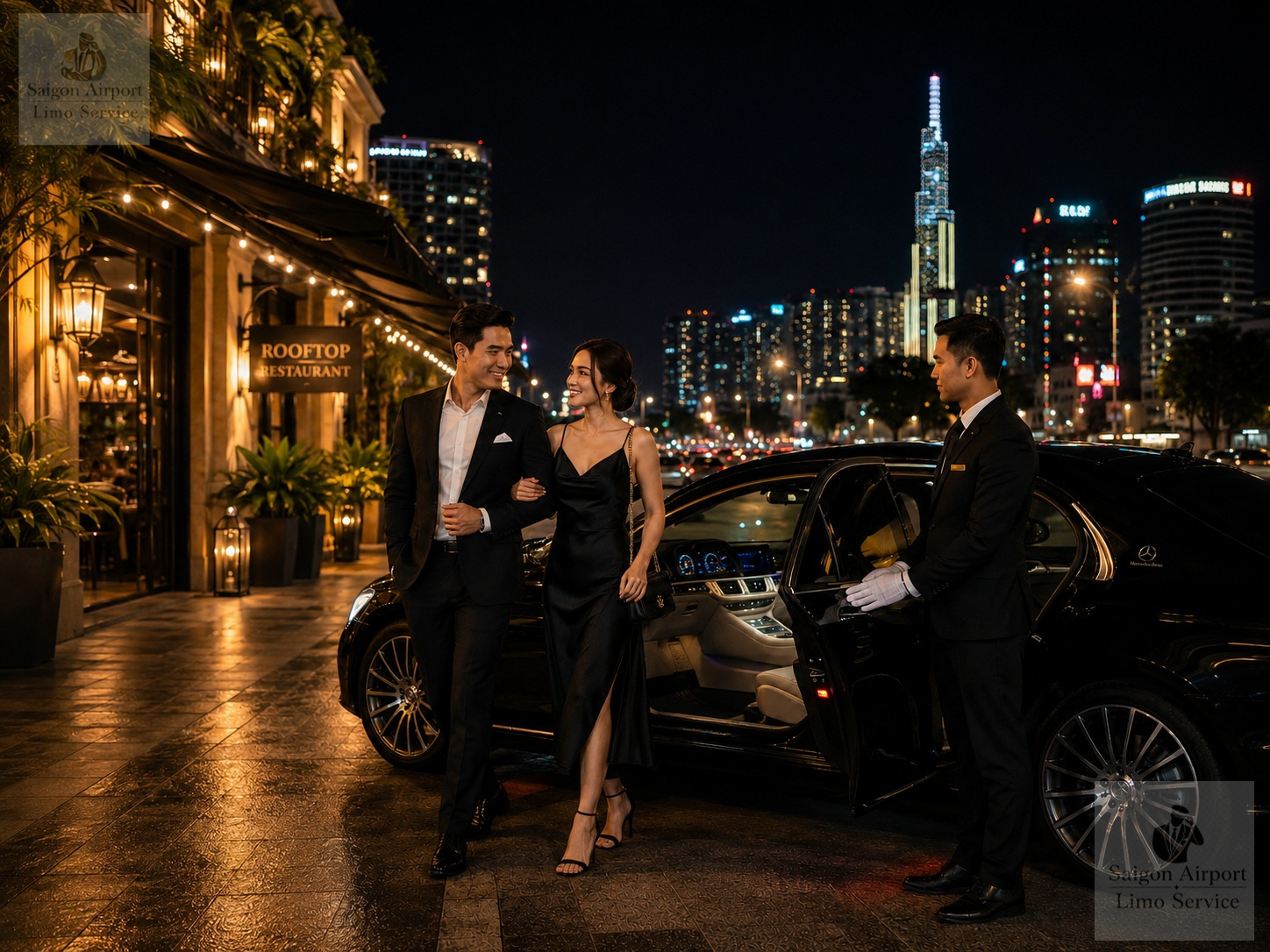 Chauffeur opening a Mercedes S-Class door for a couple on a luxury night out in Saigon with Landmark 81 in the background.