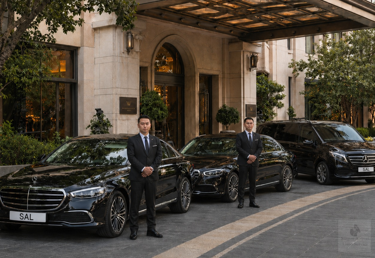 Two professional chauffeurs standing beside a black Mercedes S-Class and V-Class fleet for luxury SGN airport transfers.