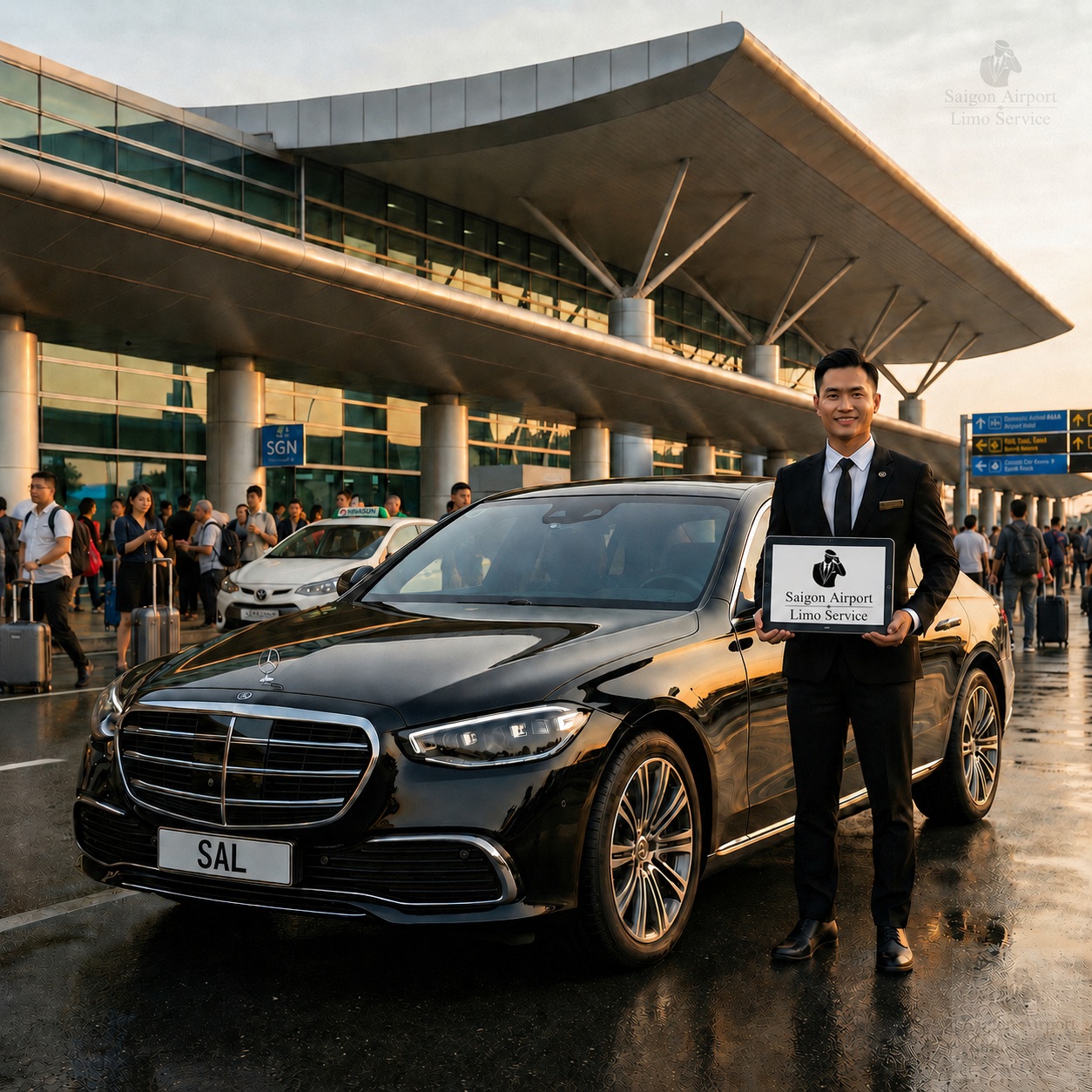 English-speaking chauffeur holding a welcome sign next to a luxury Mercedes-Benz S-Class for a VIP transfer at SGN Airport.