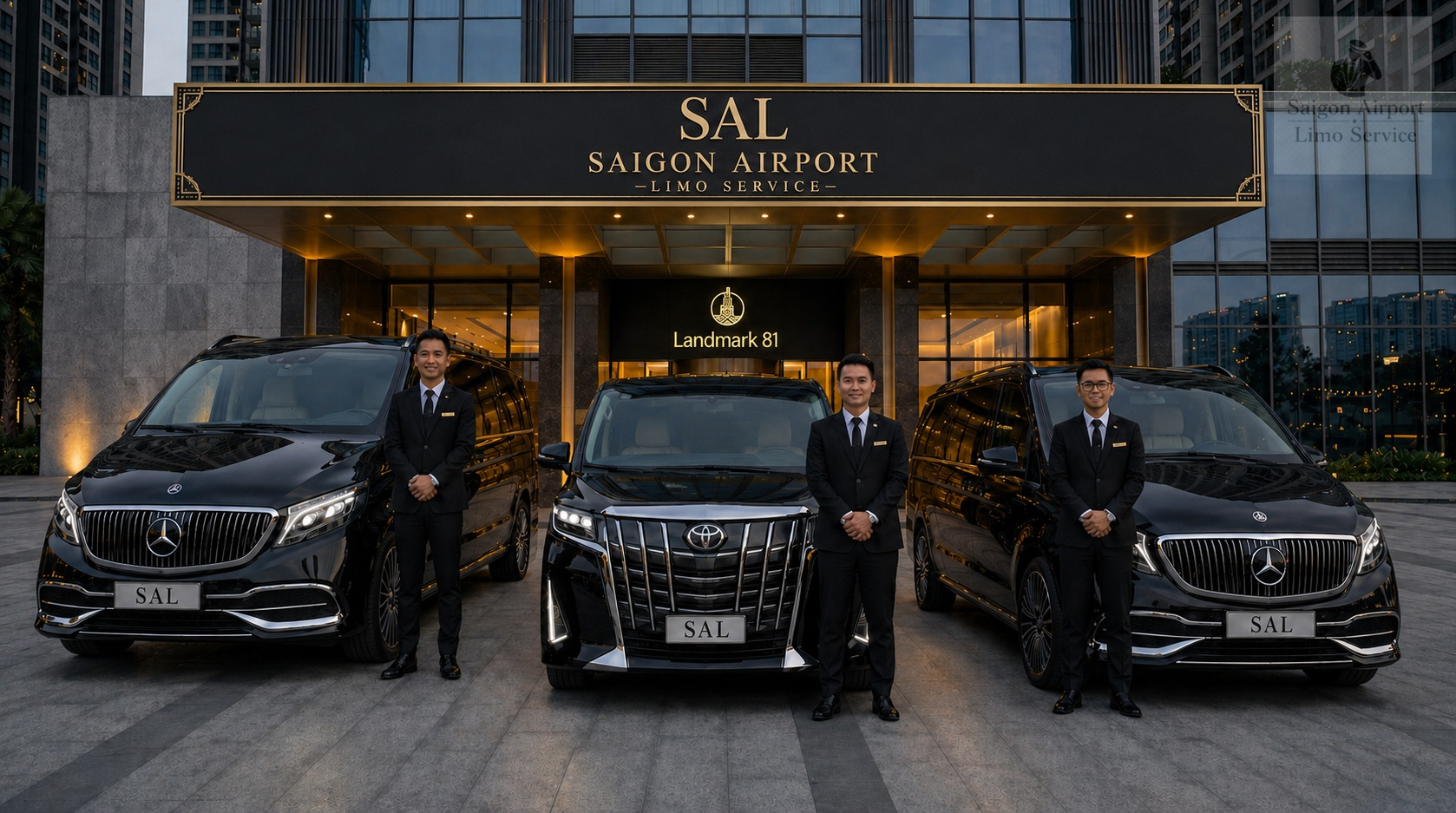 Saigon Airport Limo Service professional chauffeurs next to black Mercedes V-Class and Toyota Alphard luxury vans at Landmark 81 Saigon.